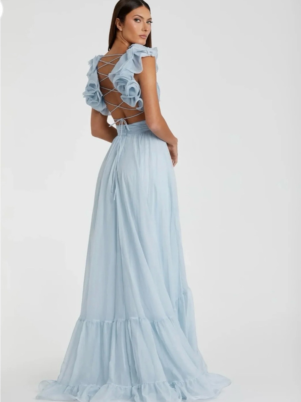 Mac Duggal Light Blue Ruffle Lace-Up Back Maxi Dress